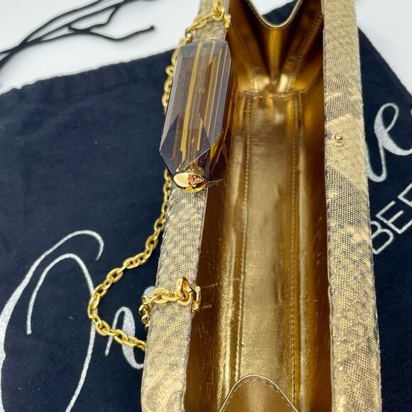 Overture Judith Leiber Golden Metallic Python Embossed Leather Evening Bag Jewel - Picture 7 of 14